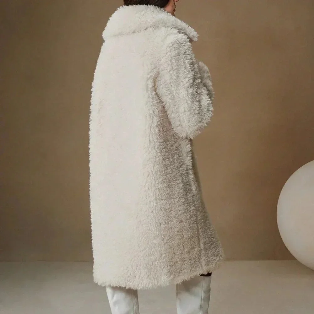 Beige Casual Women's Fluffy Faux Fur Long Classic Versatile Coat - Picture 4 of 5